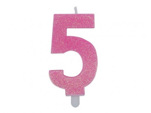 Number 5 birthday cake candle in pink color with glitter 8cm