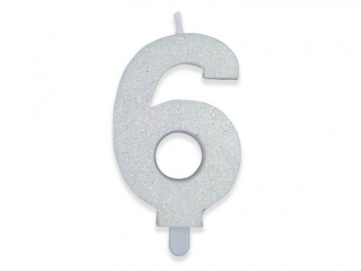 Number 6 birthday cake candle in white color with glitter 8cm