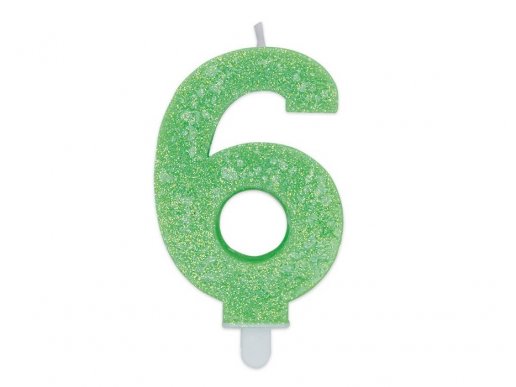 Number 6 lime green birthday cake candle with glitter 8cm