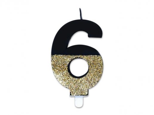Number 6 prestige black birthday cake candle with gold glitter 8cm