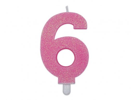 Number 6 birthday cake candle in pink with glitter color 8cm