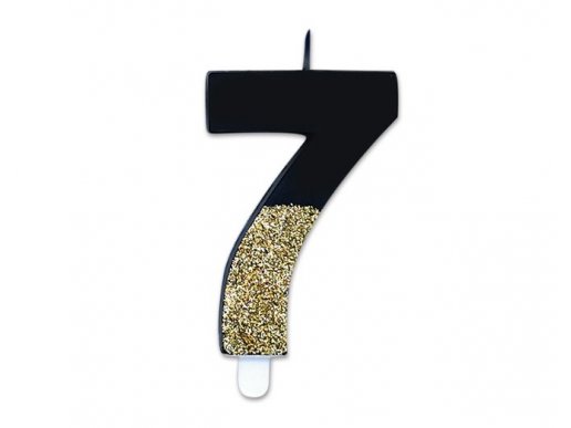 Prestige number 7 birthday cake candle in black color with gold glitter 8cm