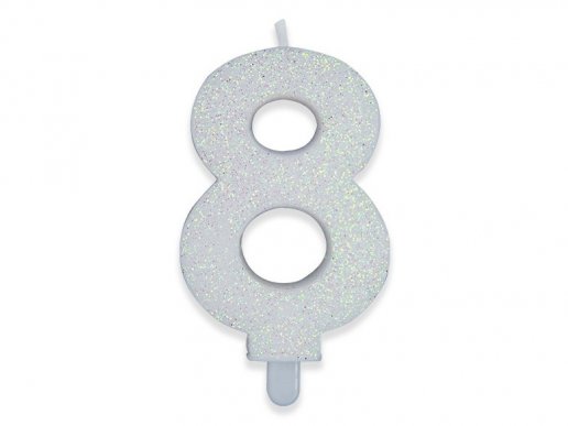 Number 8 birthday cake candle in white with glitter color 8cm
