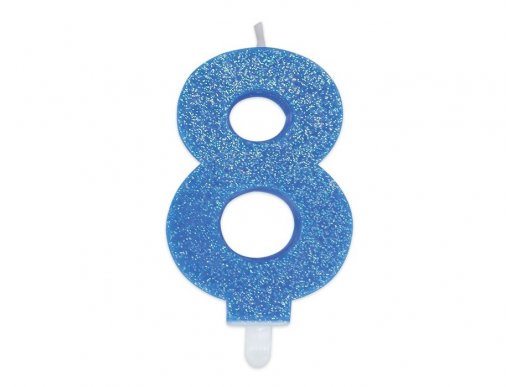 Number 8 birthday cake candle in light blue color with glitter 8cm