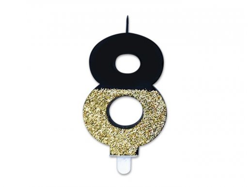Number 8 prestige black birthday cake candle with gold glitter 8cm