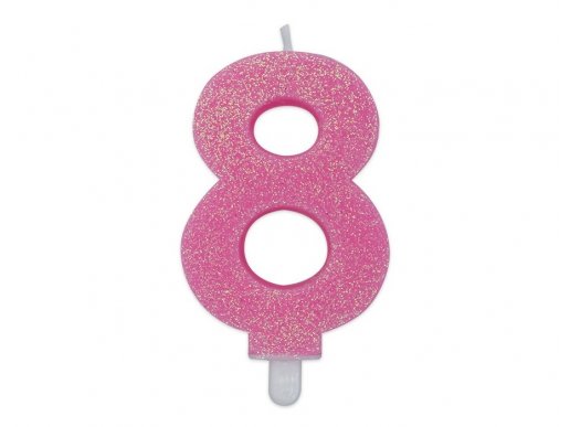 Number 8 birthday cake candle in pink color with glitter 8cm