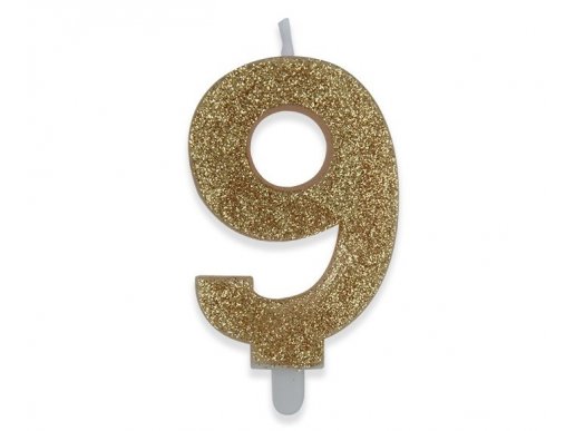 Number 9 birthday cake candle in boho blush color with gold glitter 8cm