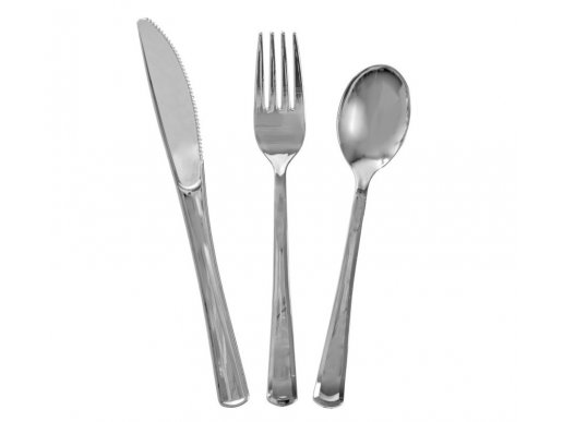 Plastic reusable cutlery set in silver metallic color 18pcs