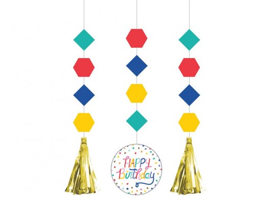 Birthday confetti hanging decorations with gold tassels 3pcs