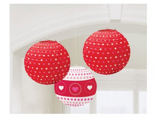 Decorative hanging paper lanterns with little hearts print 3pcs