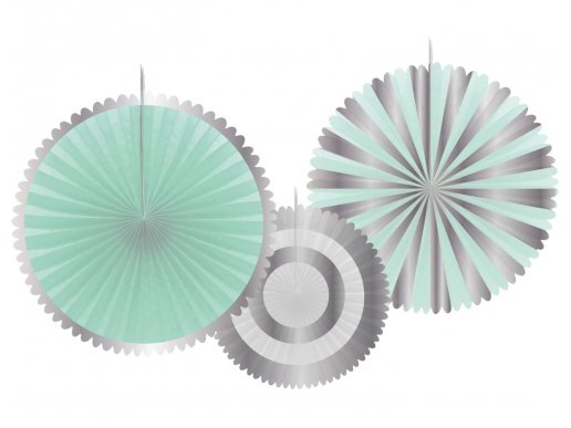 Decorative paper fans in mint color with silver details 3pcs