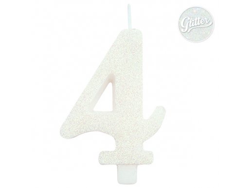 4 Number Four White Glitter Cake Candle