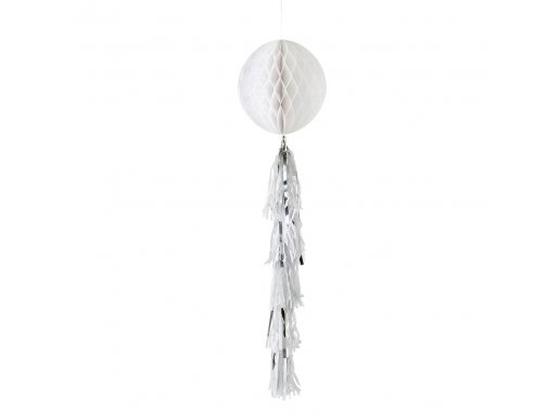 White decorative hanging honeycomb ball with tassels.