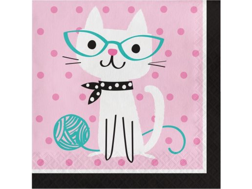 Pink luncheon napkins with white little cat print