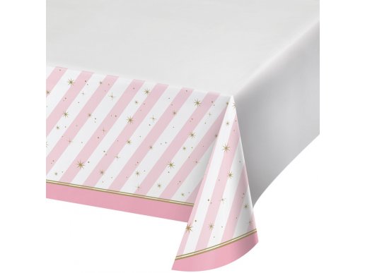 Ballet pink and white plastic tablecover with little stars print