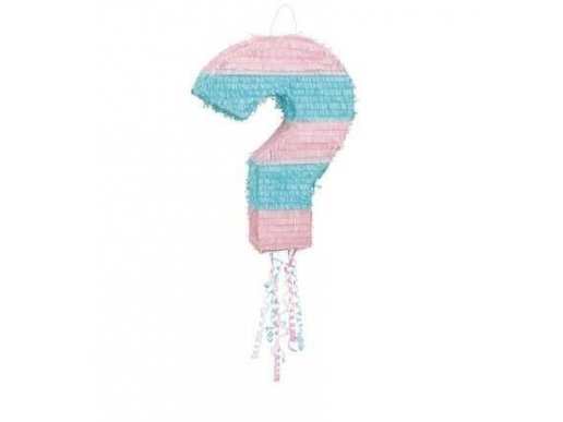 Πινιάτα με σχήμα το ερωτηματικό για την αποκάλυψη του φύλου