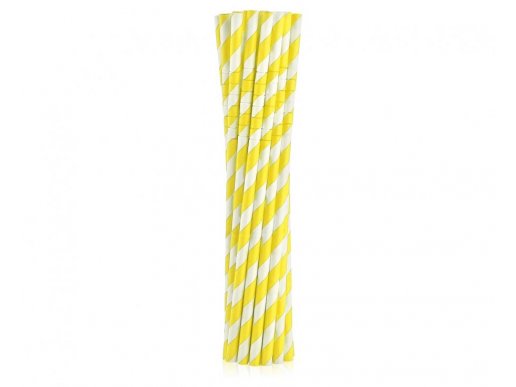 Flexible yellow with stripes paper straws 12pcs