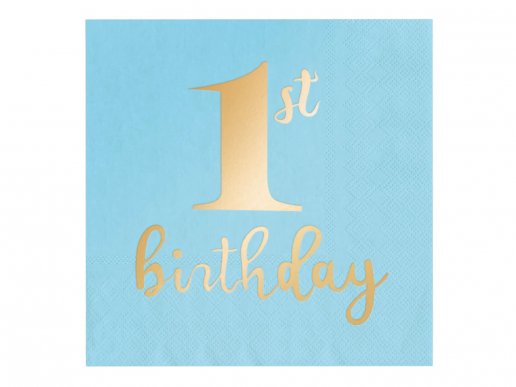 Light blue luncheon napkins with gold foiled first birthday print 10pcs