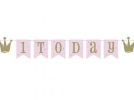 Γιρλάντα με Ροζ Σημαιάκια και Χρυσές Κορώνες για Πρώτα Γενέθλια (182εκ)