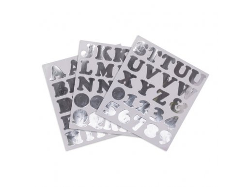 silver stickers in the shape of letters and numbers