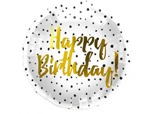 Happy Birthday foil μπαλόνια με μαύρα πουά και χρυσά γράμματα 45εκ