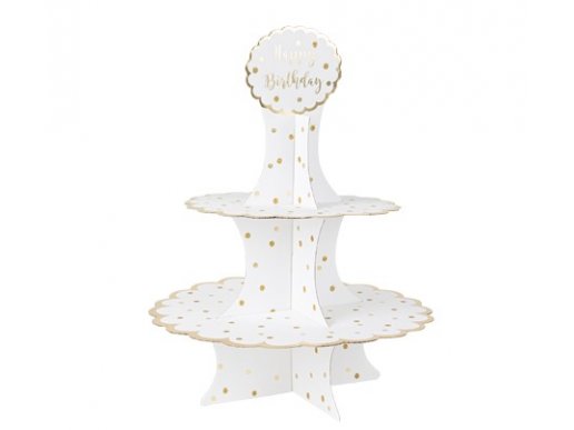 Happy Birthday white cupcake stand with gold foiled dots 36cm