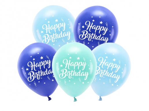 Happy Birthday λάτεξ μπαλόνια σε μπλε, γαλάζιο και μέντα χρώμα 5τμχ