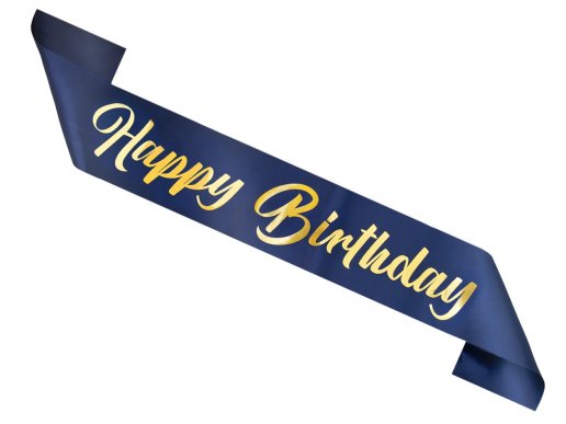 Happy Birthday blue sash with gold letters