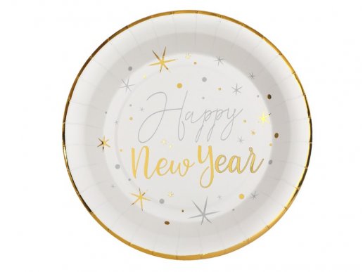 Happy New Year white paper plates with gold metallic bordure 10pcs