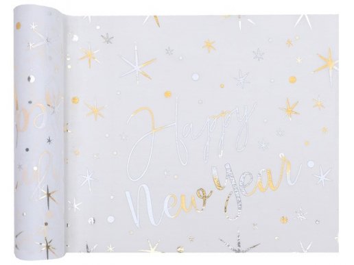 Happy New Year white table runner with gold letters 3m