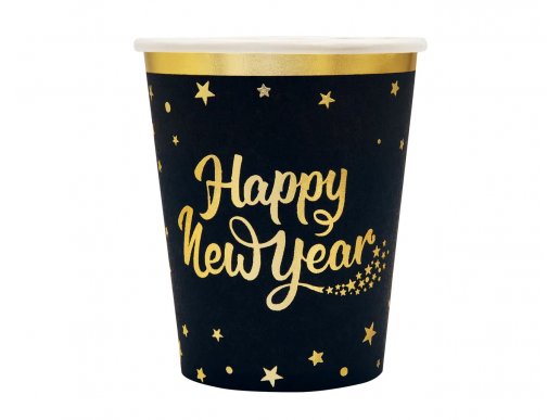 Happy New Year μαύρα χάρτινα ποτήρια με αστεράκια 6τμχ
