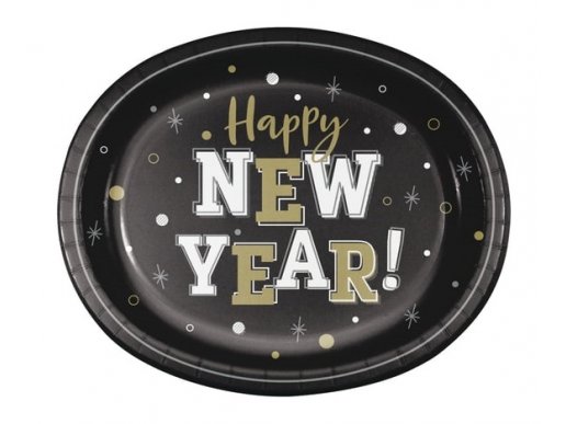 Happy New Year large paper plates in oval shape 8pcs