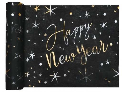 Happy New Year black table runner with gold letters 3m