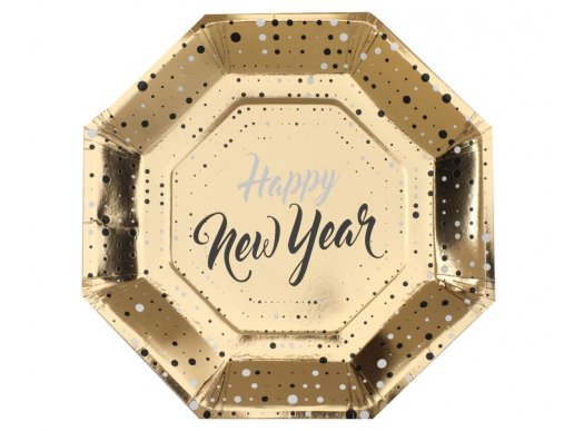 Happy New Year gold hexagonal large paper plates 10pcs