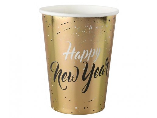 Happy New Year gold paper cups with white and black print 10pcs