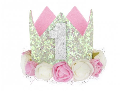 Crown shaped little hat with glitter, number 1 and flowers