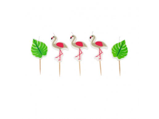 Cake Candles With Tropical Leaves & Glitter Flamingos Birthday Party Accessories