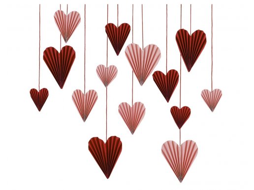 Κόκκινες και ροζ χάρτινες διακοσμητικές βεντάλιες σε σχήμα καρδιάς 16τμχ