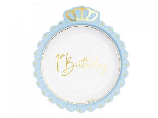 Crown pale blue with gold foiled details paper plates for 1st birthday party 8pcs