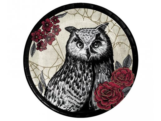 Owl and red flowers small paper plates 8pcs