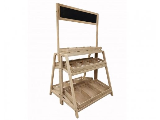 Wooden double sided display with 3 levels and blackboard