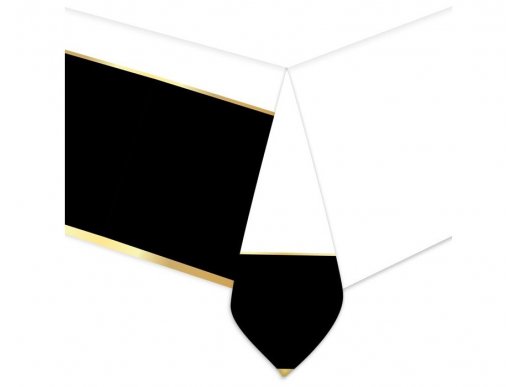 Λευκό πλαστικό τραπεζομάντηλο με μαύρη μπορντούρα και χρυσές γραμμές