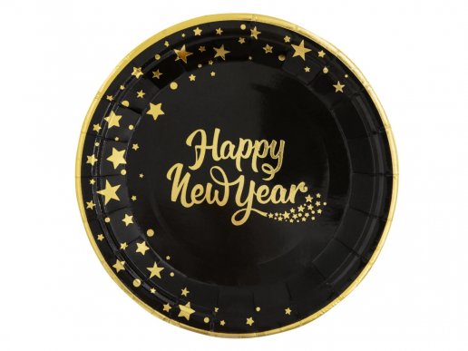 Happy New Year μαύρα μεγάλα χάρτινα πιάτα με αστεράκια 6τμχ