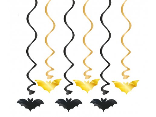 Black and gold bats swirl decorations 6pcs