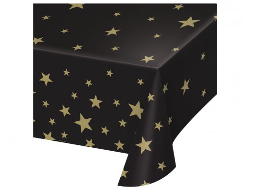 Black plastic tablecover with gold stars