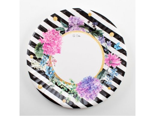 Floral με Ασπρόμαυρες Ρίγες Μεγάλα Χάρτινα Πιάτα (8τμχ)