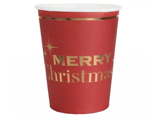 Merry Christmas red paper cups with gold foiled print 10pcs