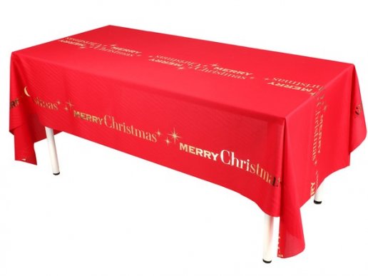Merry Christmas red fabric tablecover with gold foiled print