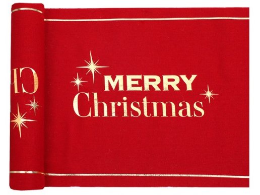 Merry Christmas red table runner with gold foiled print 28cm x 300cm