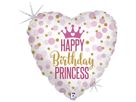 Heart Happy Birthday Princess Pink and Gold Dots Holographic Foil Balloon